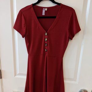 Casual red A-line dress with short sleeves and buttons